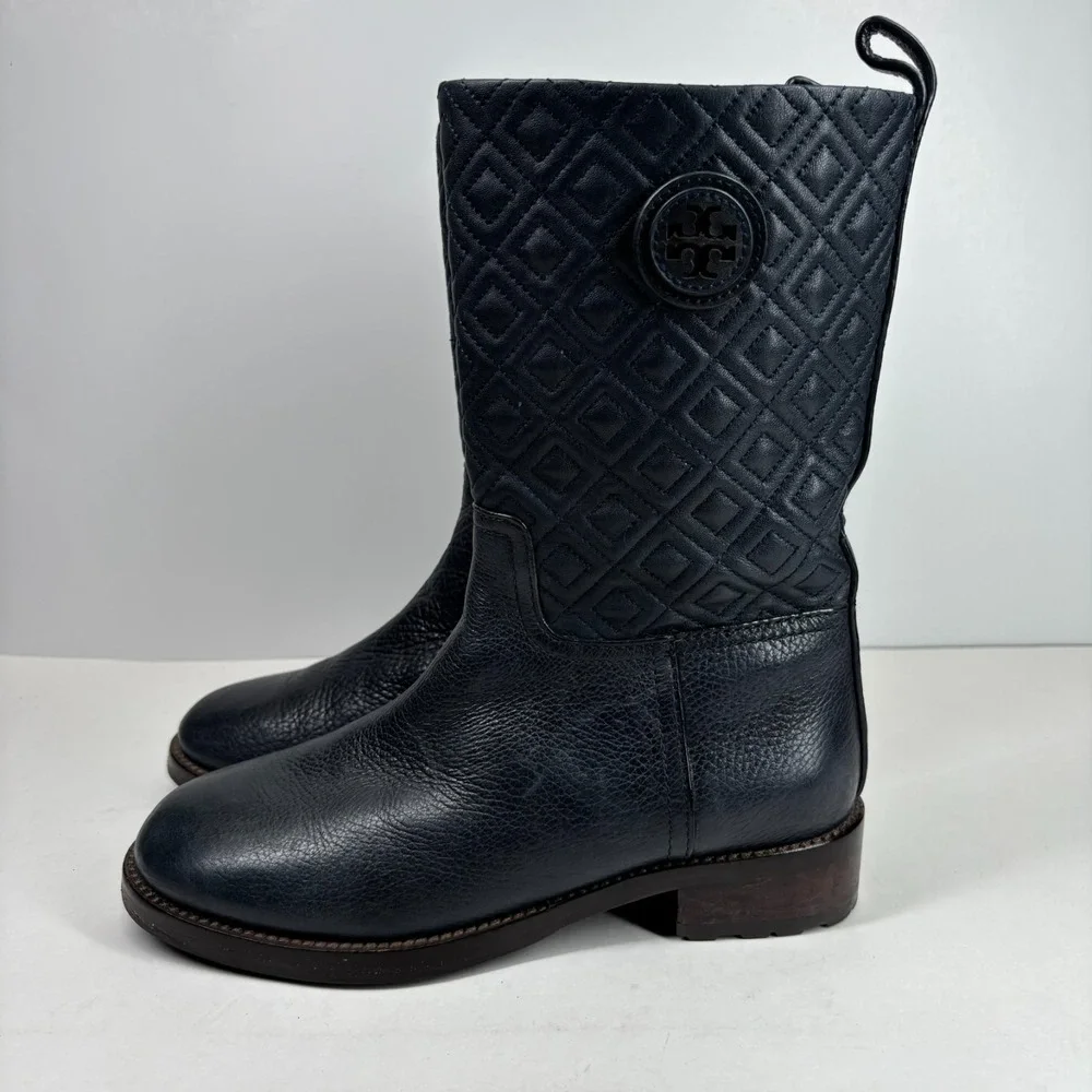 Tory Burch Marion Women's US 8M Quilted Black Leather Mid-Calf‎ Boots Equestrian